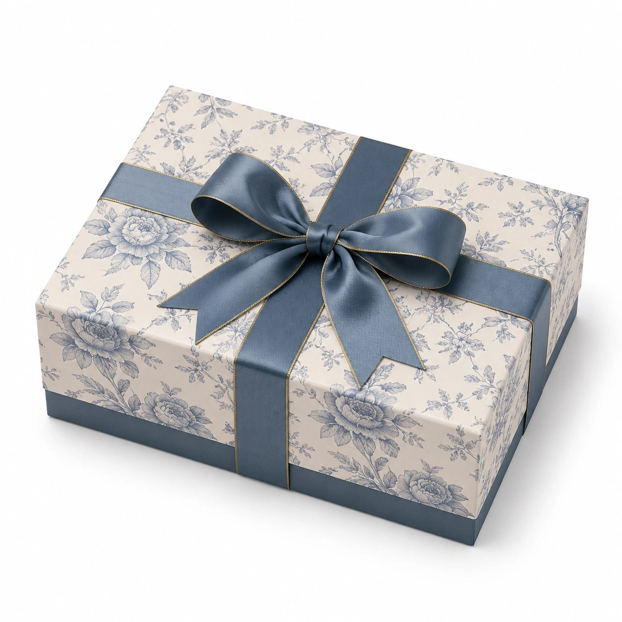 Geschenkbox 25 x 20 x 8 cm aus Karton Cremeblau mit Schleife und Blumenmuster zur Aufbewahrung