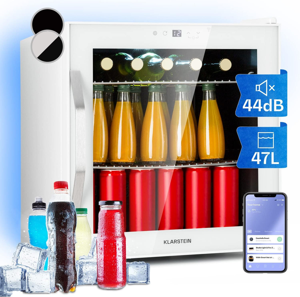 Klarstein Getränkekühlschrank, 47 Liter, 47 L, Weiß, Mini Kühlschrank mit Glastür, Kleiner Mini-Kühlschrank Leise für Zimmer & Garten