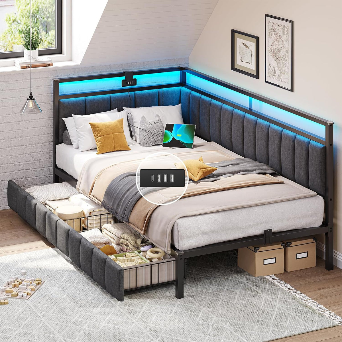 DICTAC Bett, Dunkelgrau, Polster Schlafsofa 90x200 mit LED-Beleuchtung und, Jugend Tages 90x200 mit Lattenrost aus Metall und 2
