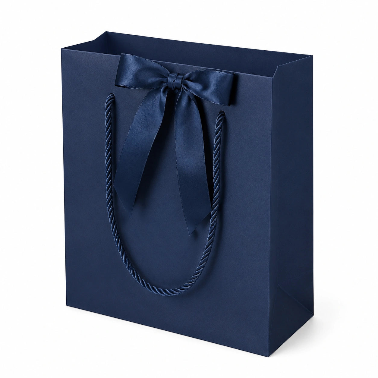 Geschenktüte 26 x 12 x 32 cm aus Papier in Dunkelblau mit Schleife und Kordelgriffen