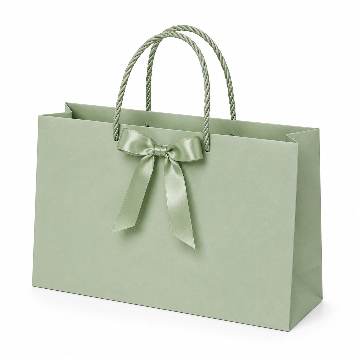 Geschenktasche 35 x 12 x 25 cm aus Papier in Salbeigrün mit Kordelgriffen und Schleife