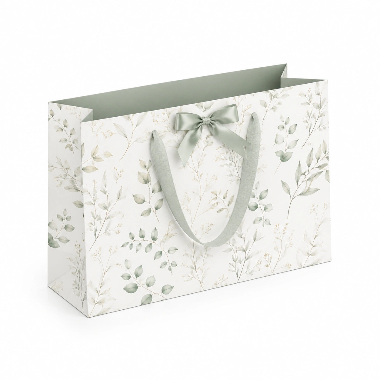 Geschenktüte 32 x 12 x 26 cm aus Papier weiß grün mit Blättermuster und Stoffhenkeln