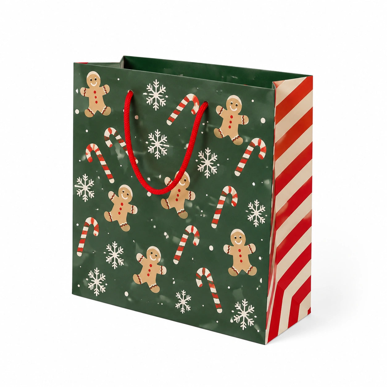 Geschenktüte 26 x 12 x 32 cm aus Papier Grün Rot mit Weihnachtsmotiv und Kordelhenkeln