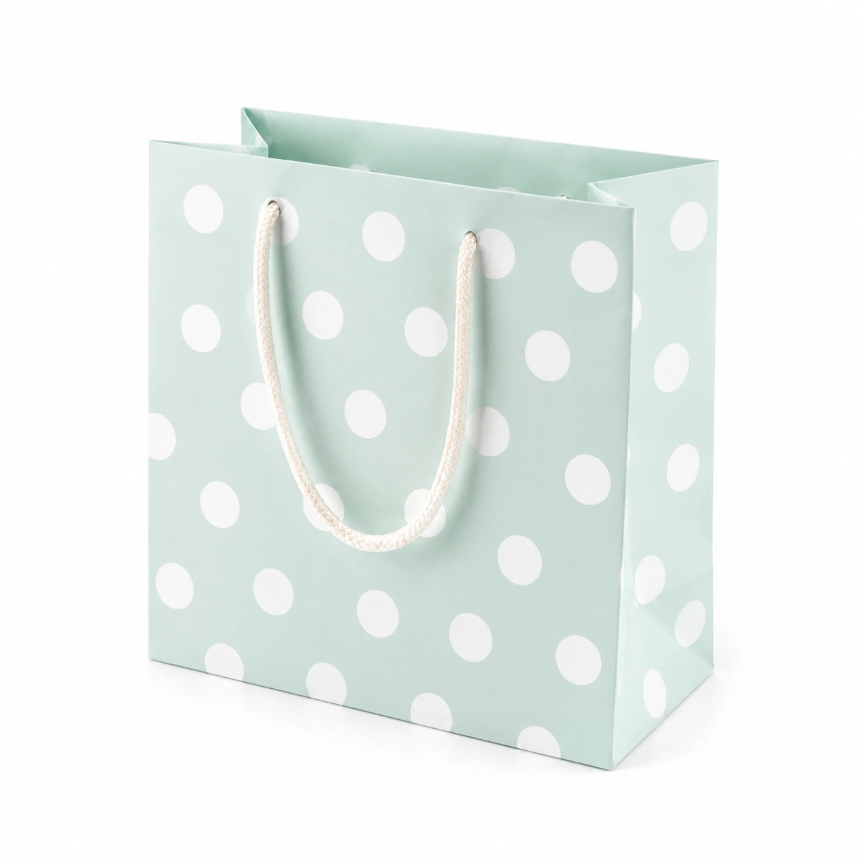 Geschenktüte 26 x 12 x 32 cm aus Papier Mintgrün mit weißen Punkten und Kordelgriffen