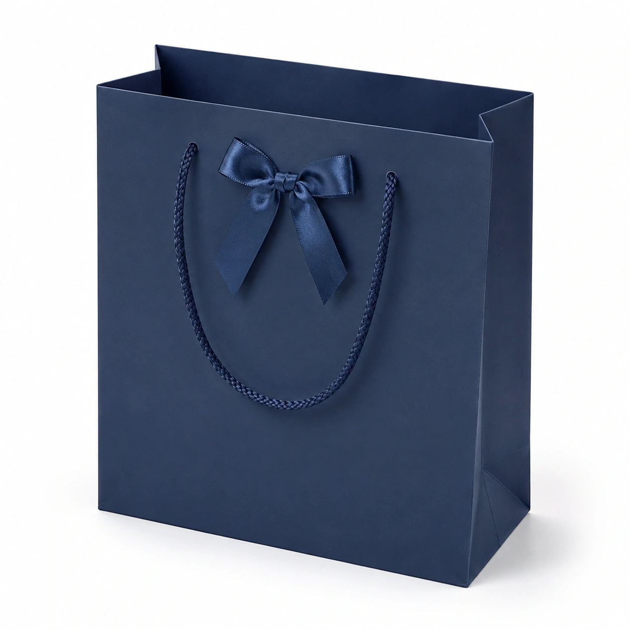 Geschenktüte 25 x 10 x 30 cm aus Papier in Dunkelblau mit Schleife und Kordelgriffen