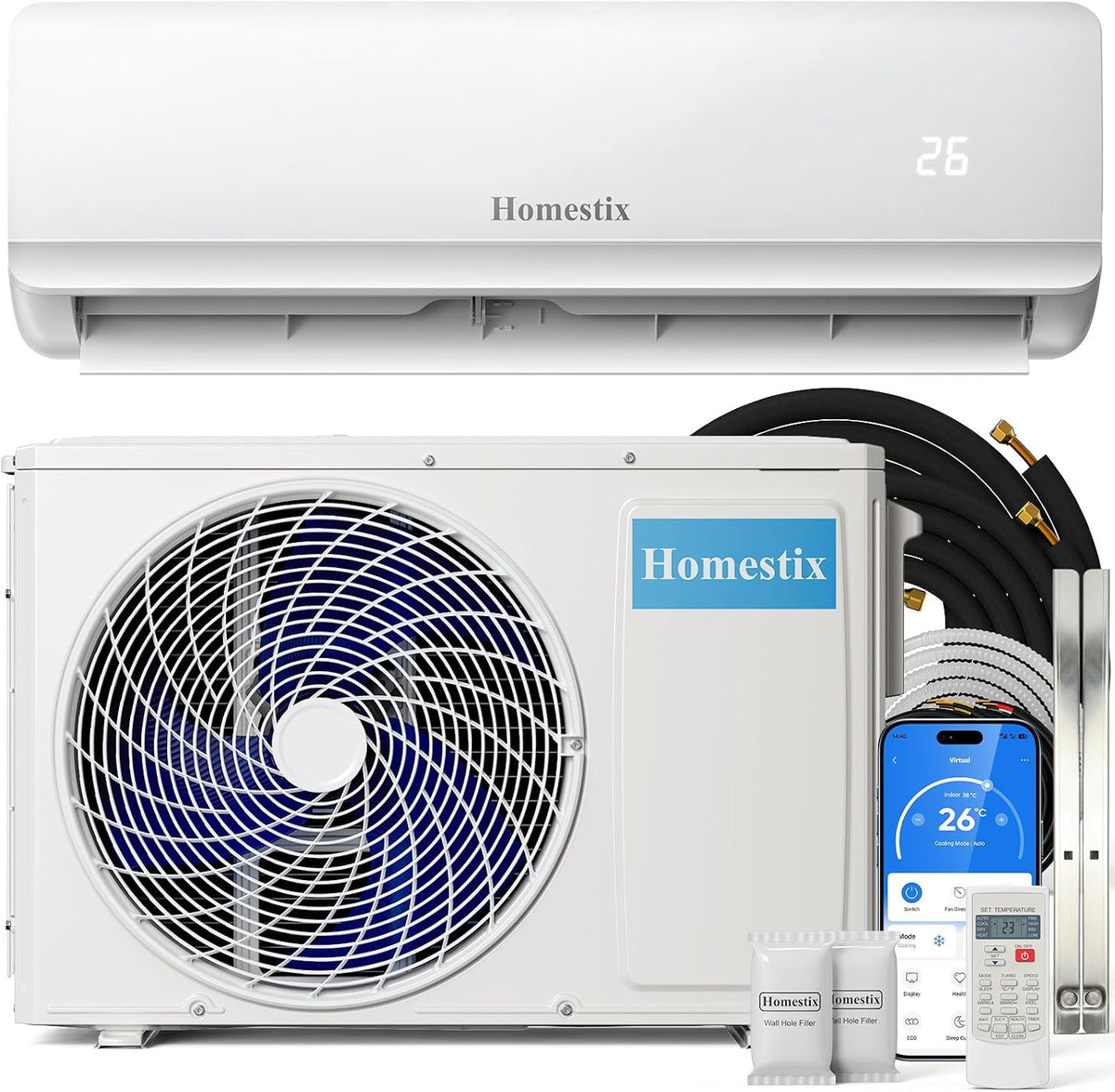 Homestix Split-Klimaanlage, Weiß, Split Klimaanlage 12000 BTU，4-in-1-Kältegerät mit Heizen, Kühlen, Entfeuchten und Lüften