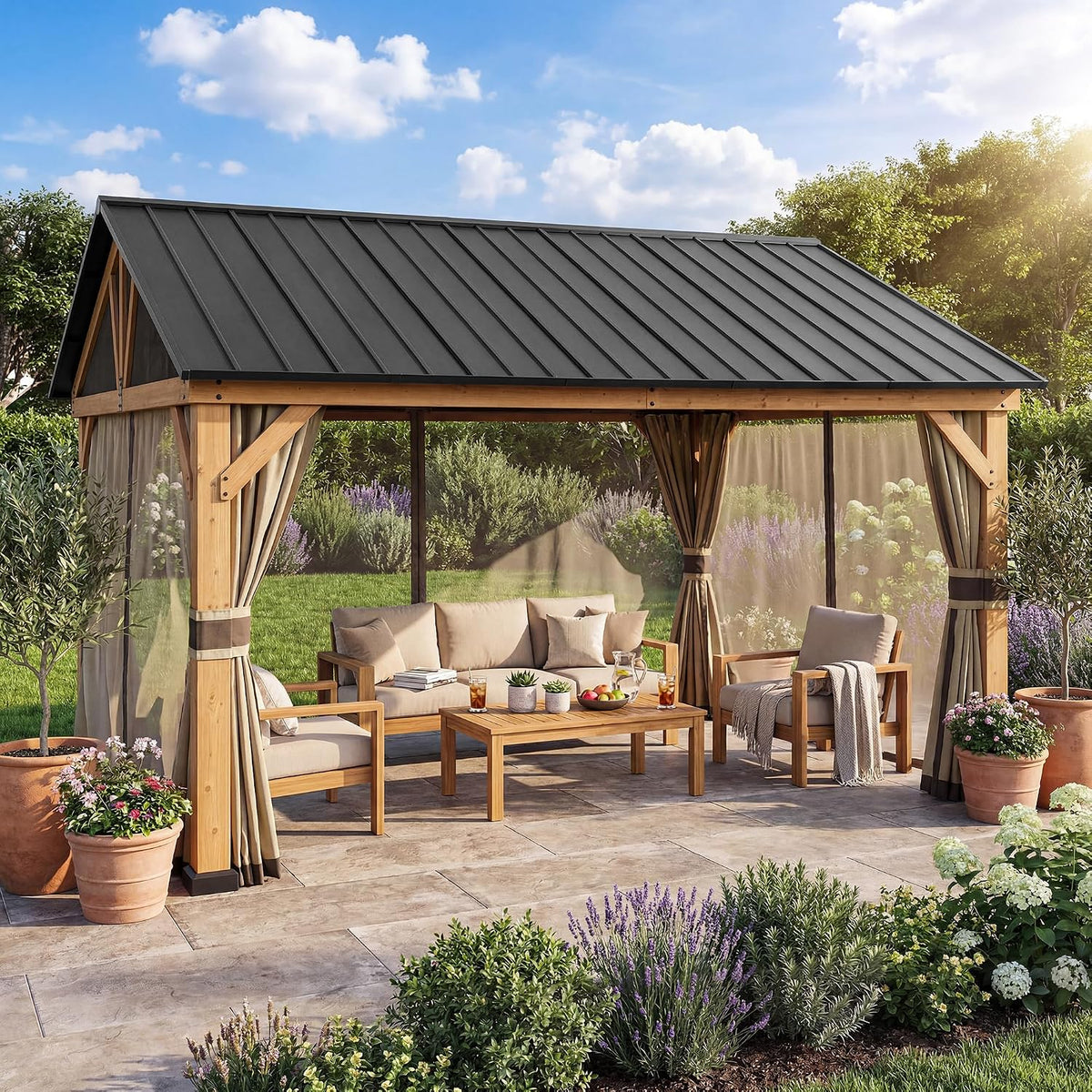 Sunjoy Pavillon, 14 cm, 36m, Weiß, Holz aus Zedernholz wasserdicht, wind & schneefest, mit Satteldach aus Stahl