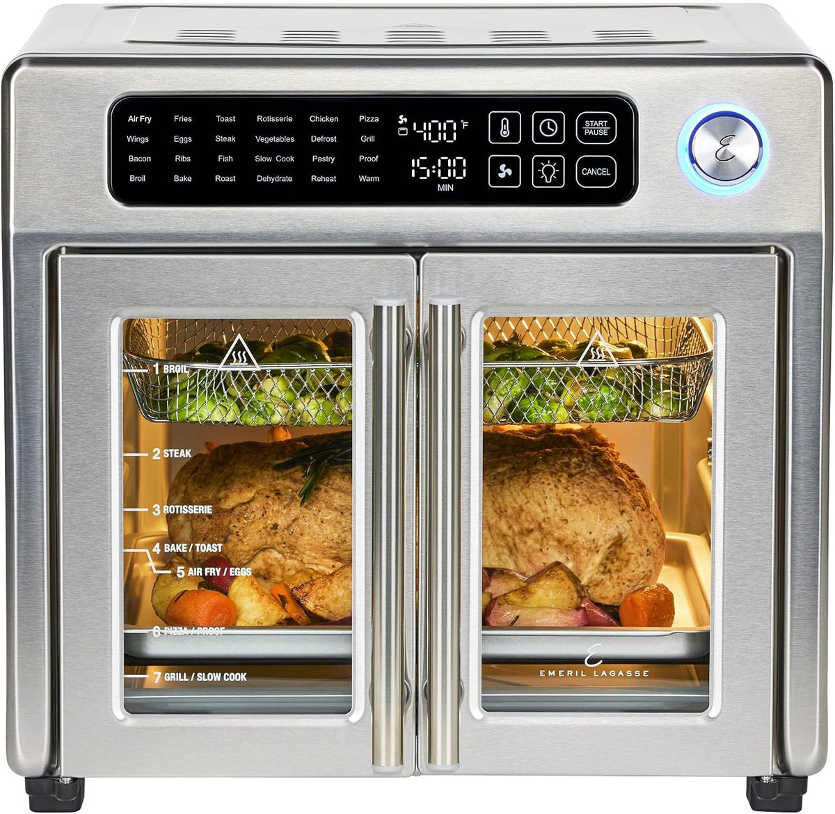 Emeril Lagasse Monitor, Silber, Extra Large French Door Air Fryer Toaster Oven Combo, 7 Accessories Included, Stainless Steel Finish