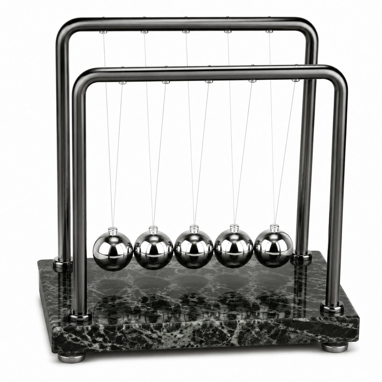 Newtonpendel 28 cm aus Metall Schwarz Silber mit marmoriertem Sockel für den Schreibtisch