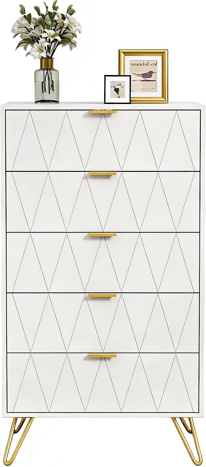 UEV Sideboard, 60 x 34 x 91 cm(L×B×H), Holz+Metall, Natur, Kommode mit 5 Schublanden, 60 x 34 x 110 cm Modern (Weiß)