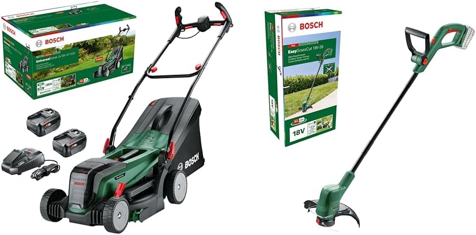 Bosch Home and Garden Rasentrimmer, 26 cm, 18 V, Grün/Schwarz, Akku-Rasenmäher UniversalRotak 2x -37-550 & Akku