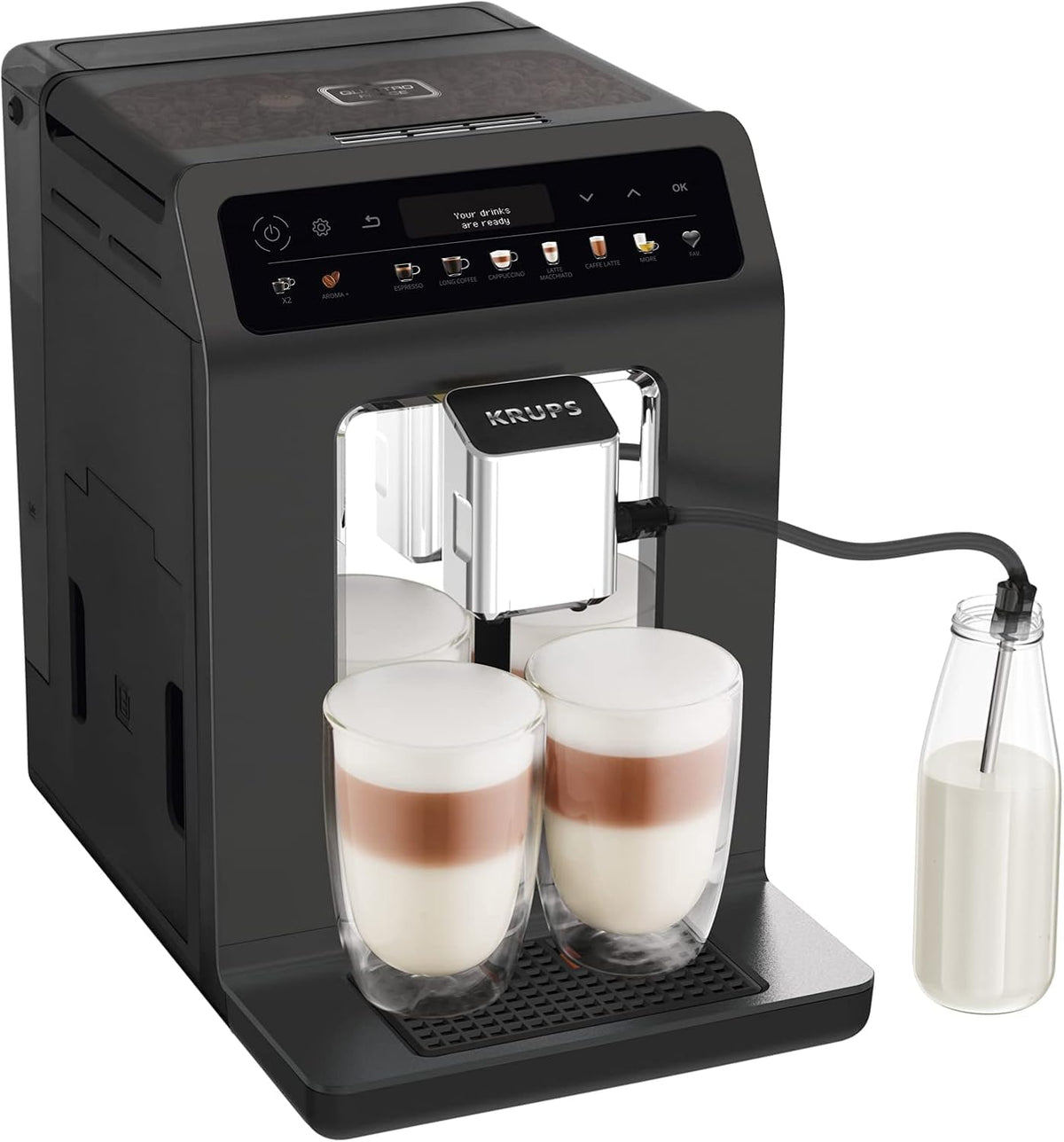 KRUPS Kaffeevollautomat, Schwarz, Evidence One mit Milchschlauch, One-Touch-Cappuccino, 12 Getränkespezialitäten