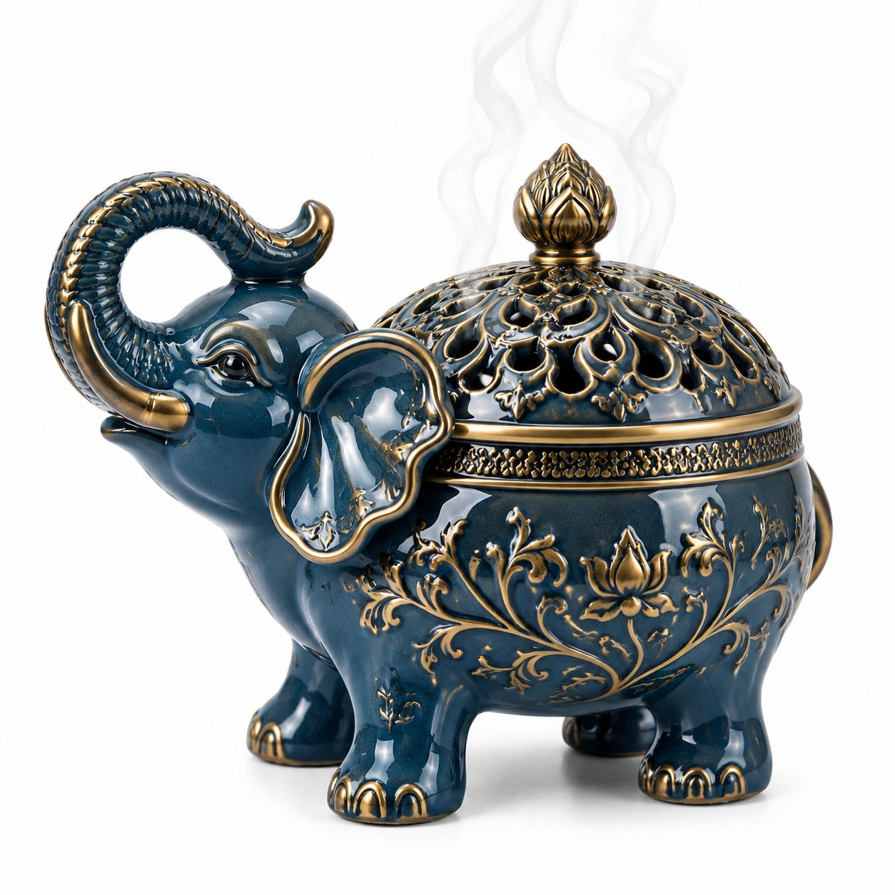Elefanten Räuchergefäß 25 cm Keramik Blau Gold mit Deckel Ornamentstil