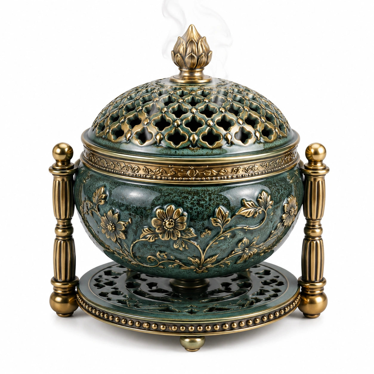Räuchergefäß 25 cm Keramik Grün Gold mit Deckel im klassischen Stil