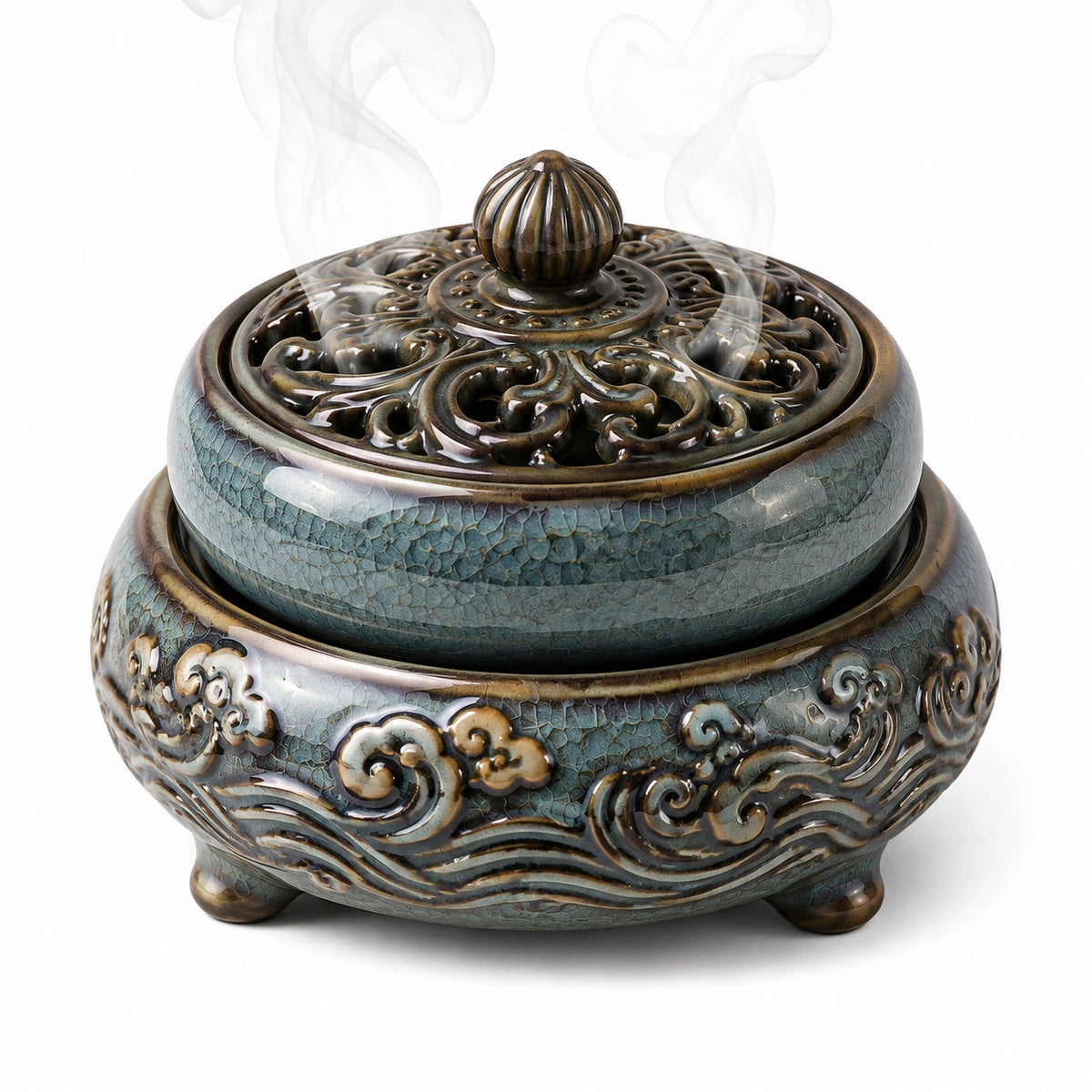 Räuchergefäß 18 cm Keramik Blaugrün Braun mit Deckel für Räucherwerk im Ornamentstil