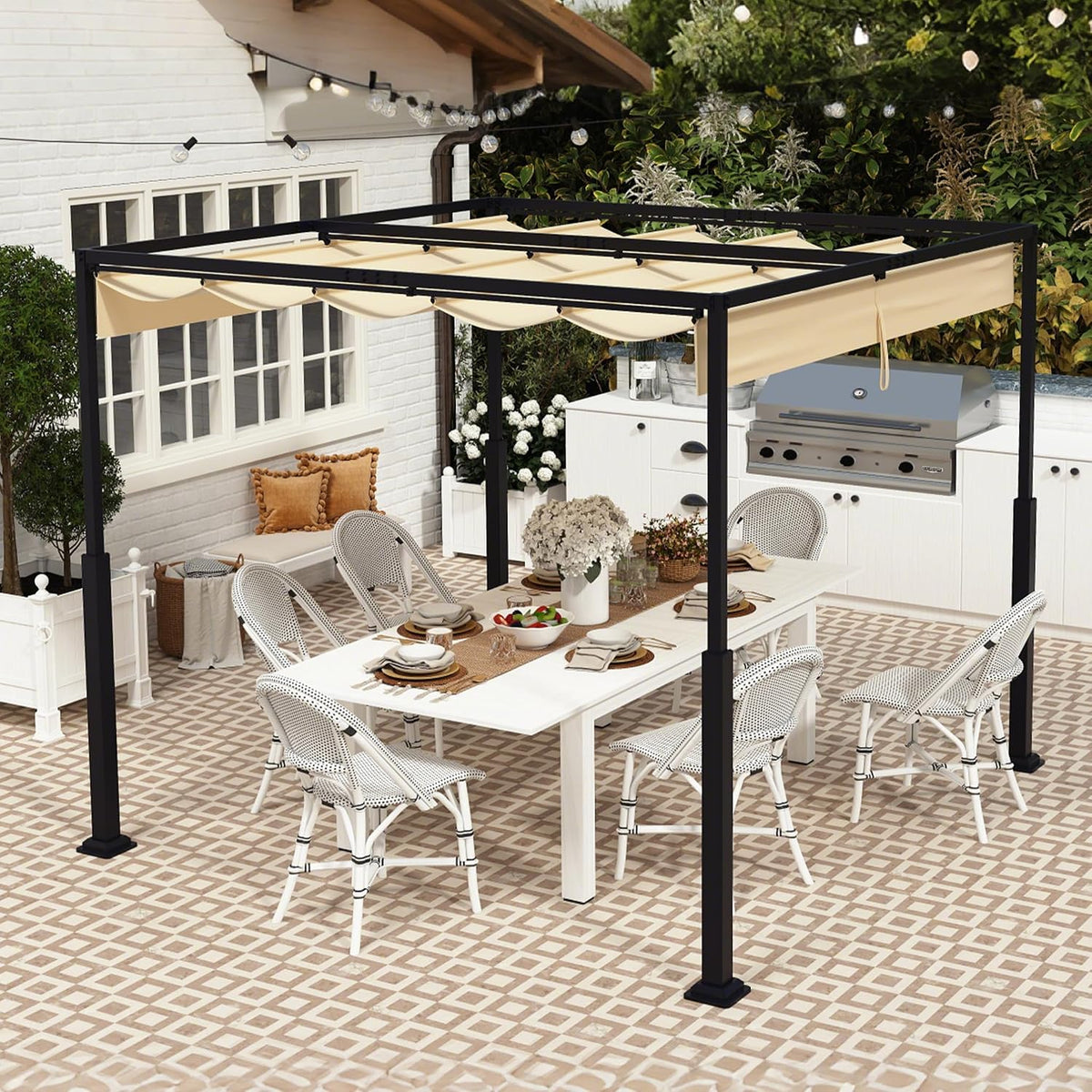 PEILU Pavillon, 160 g/m² Polyestergewebe + PA-Beschichtung, Beige, 3x3m Outdoor Pergola Stabile Metallrahmen Garten mit Wind