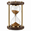 Sanduhr Durchmesser 18 cm Höhe 30 cm aus Glas Holz und Metall Braun Gold als Tischdekoration mit Wendezeitmessung