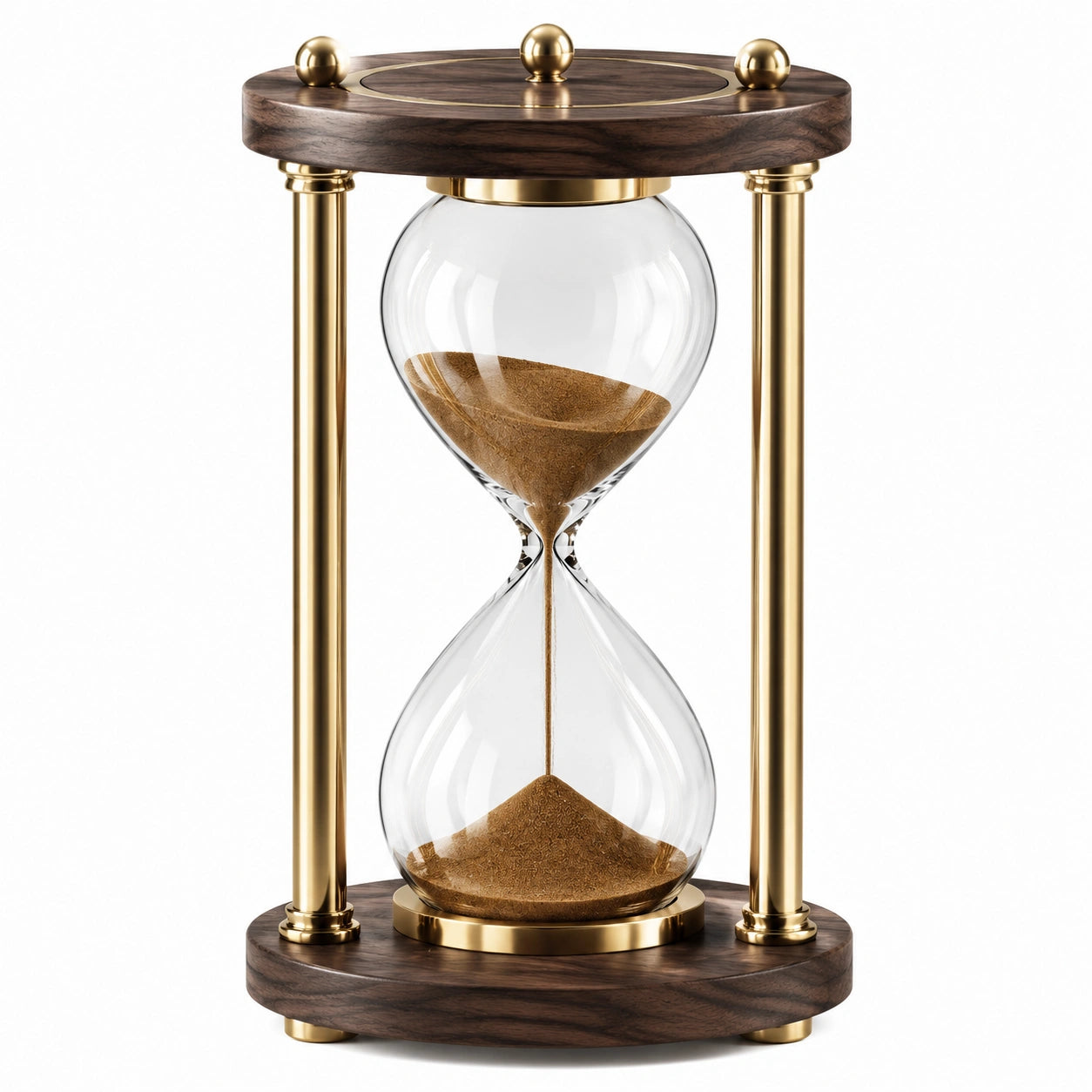 Sanduhr Durchmesser 18 cm Höhe 30 cm aus Glas Holz und Metall Braun Gold als Tischdekoration mit Wendezeitmessung