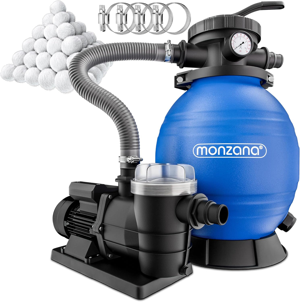 Monzana Filter, 30.000 L, 9.600 L, 38 mm, 400 W, Blau/Schwarz, Sand anlage SF96K /h bis Pool inkl bällen 7 Wege Ventil
