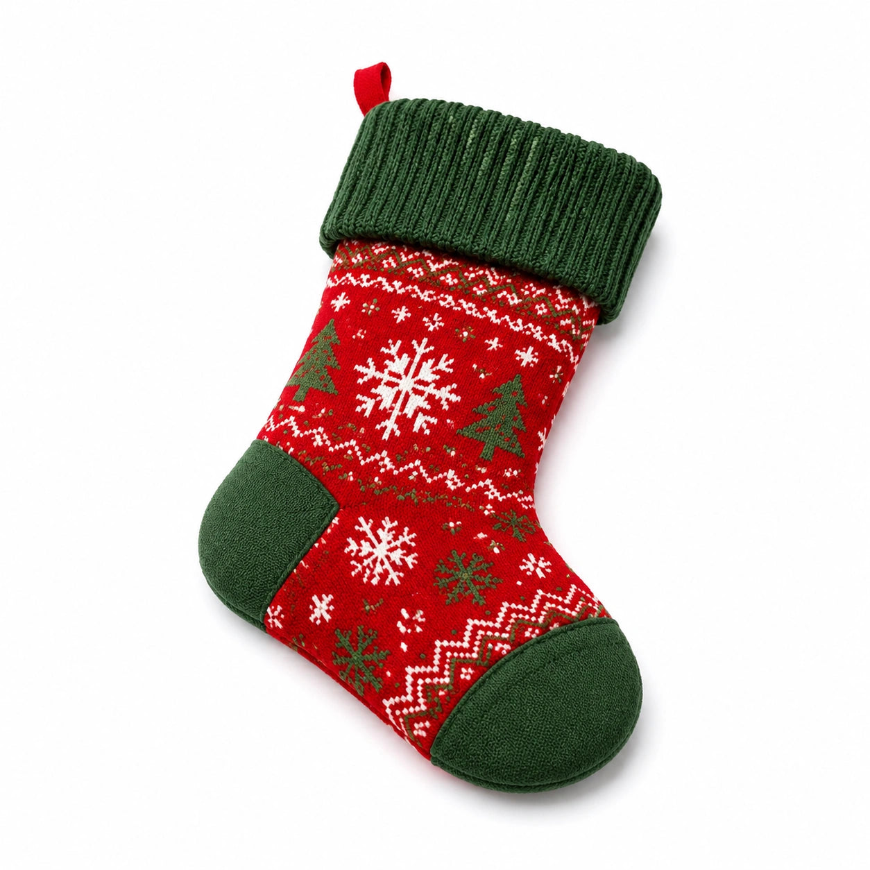 Weihnachtsstrumpf 45 cm aus Textil Rot Grün mit Schneeflockenmuster