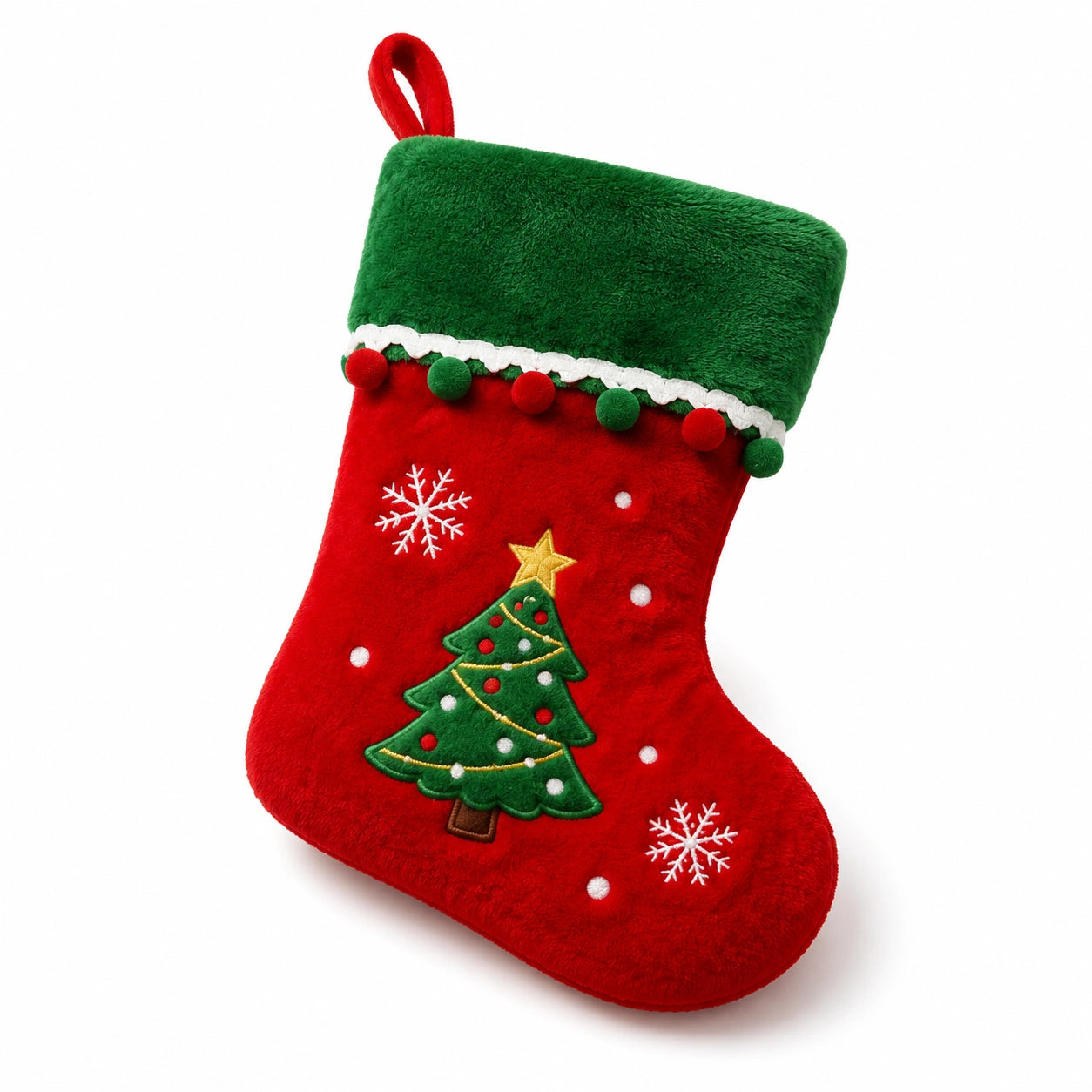 Weihnachtsstrumpf 45 cm aus Plüsch Rot Grün zum Aufhängen mit Tannenbaum-Motiv