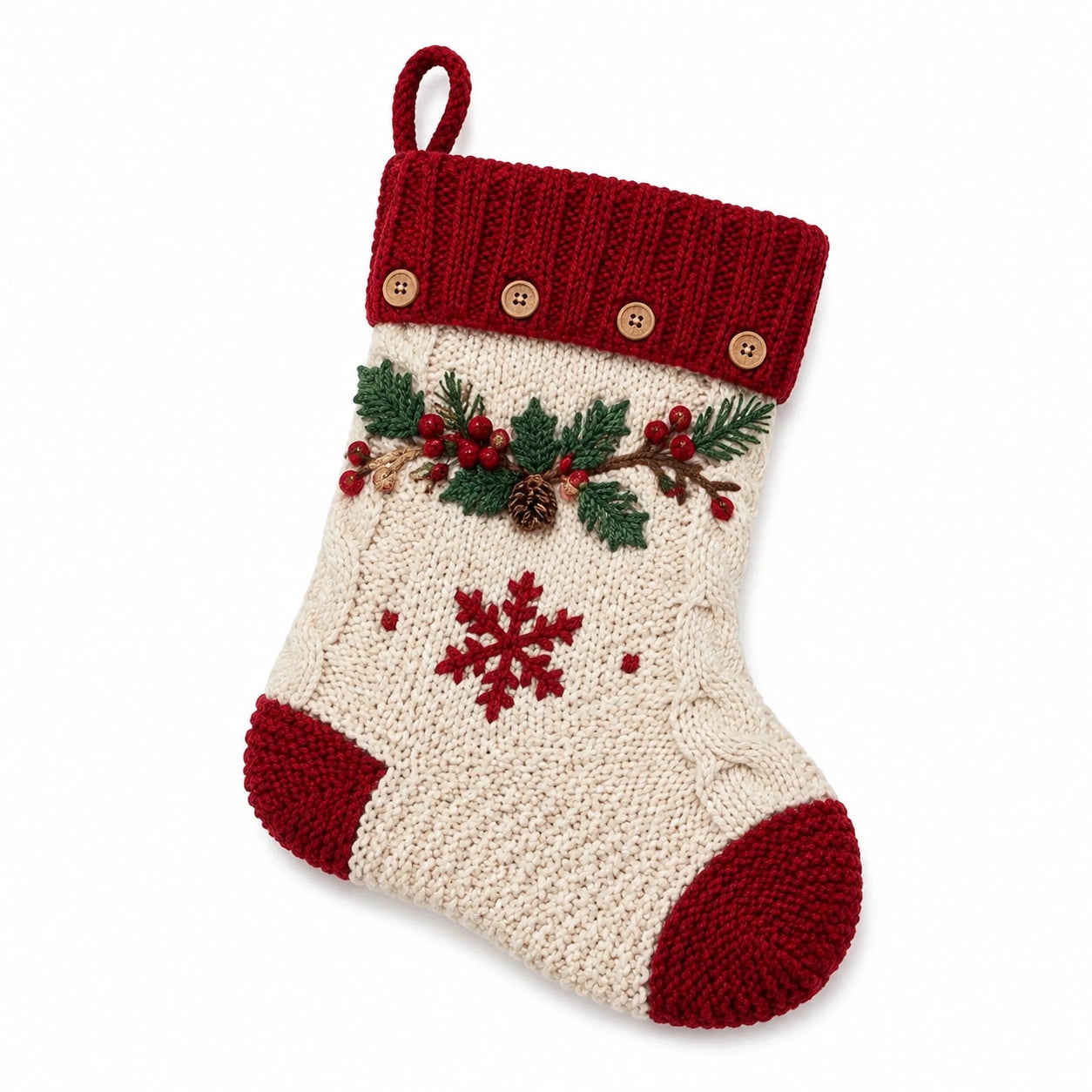 Weihnachtsstrumpf 45 x 28 cm aus Strick in Creme Rot mit Schneeflockenmotiv zum Aufhängen