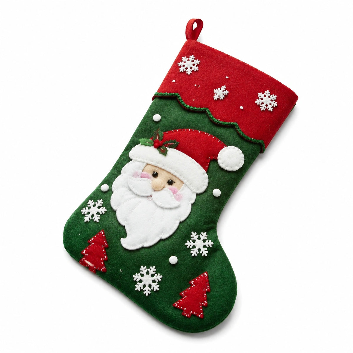 Weihnachtsstrumpf 45 cm aus Filz Grün Rot zum Aufhängen mit Figurenmotiv