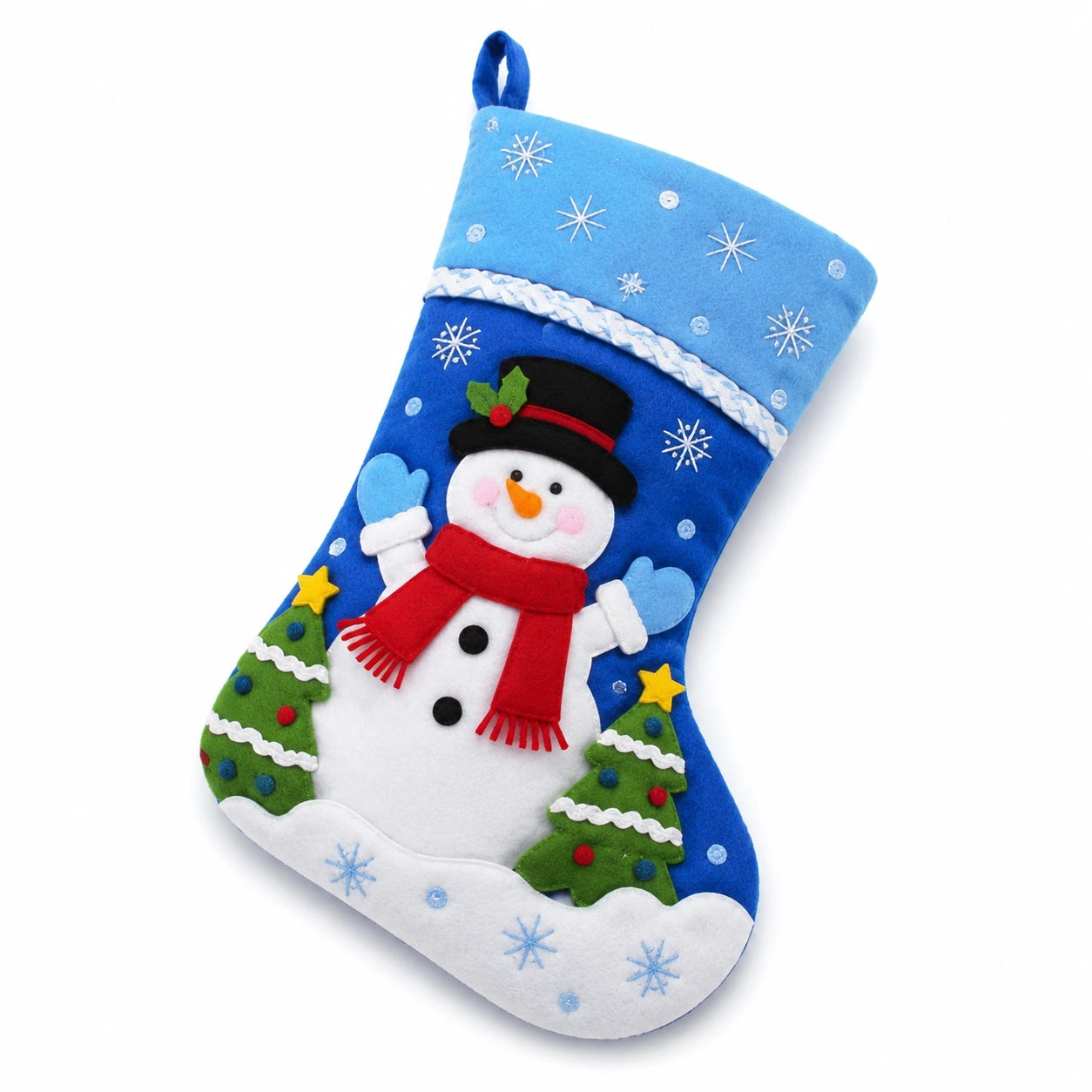Weihnachtsstrumpf 45 x 28 cm aus Filz Blau mit Schneemann Winterdekoration