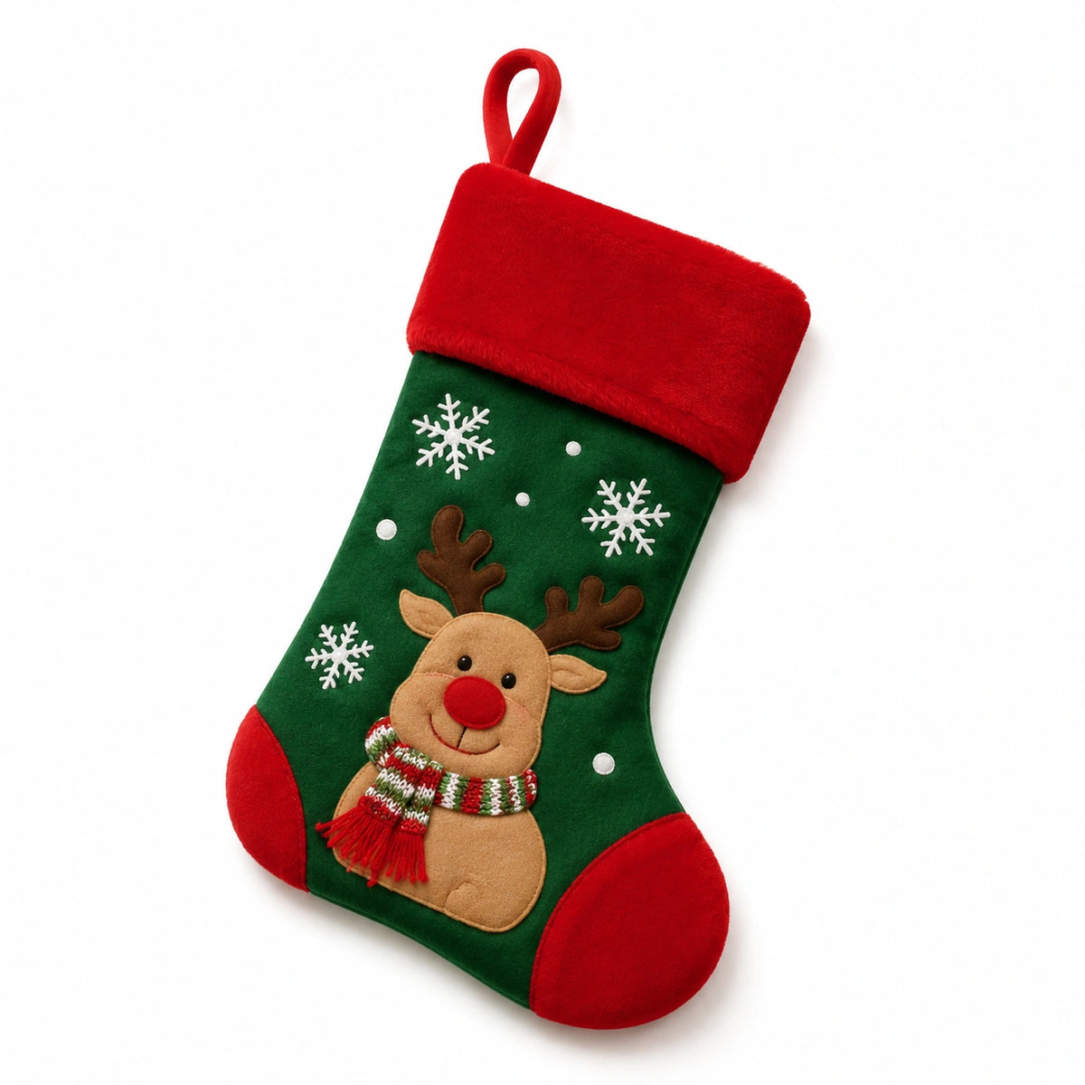 Weihnachtsstrumpf 45 cm aus Textil Grün Rot mit Rentiermotiv zum Aufhängen