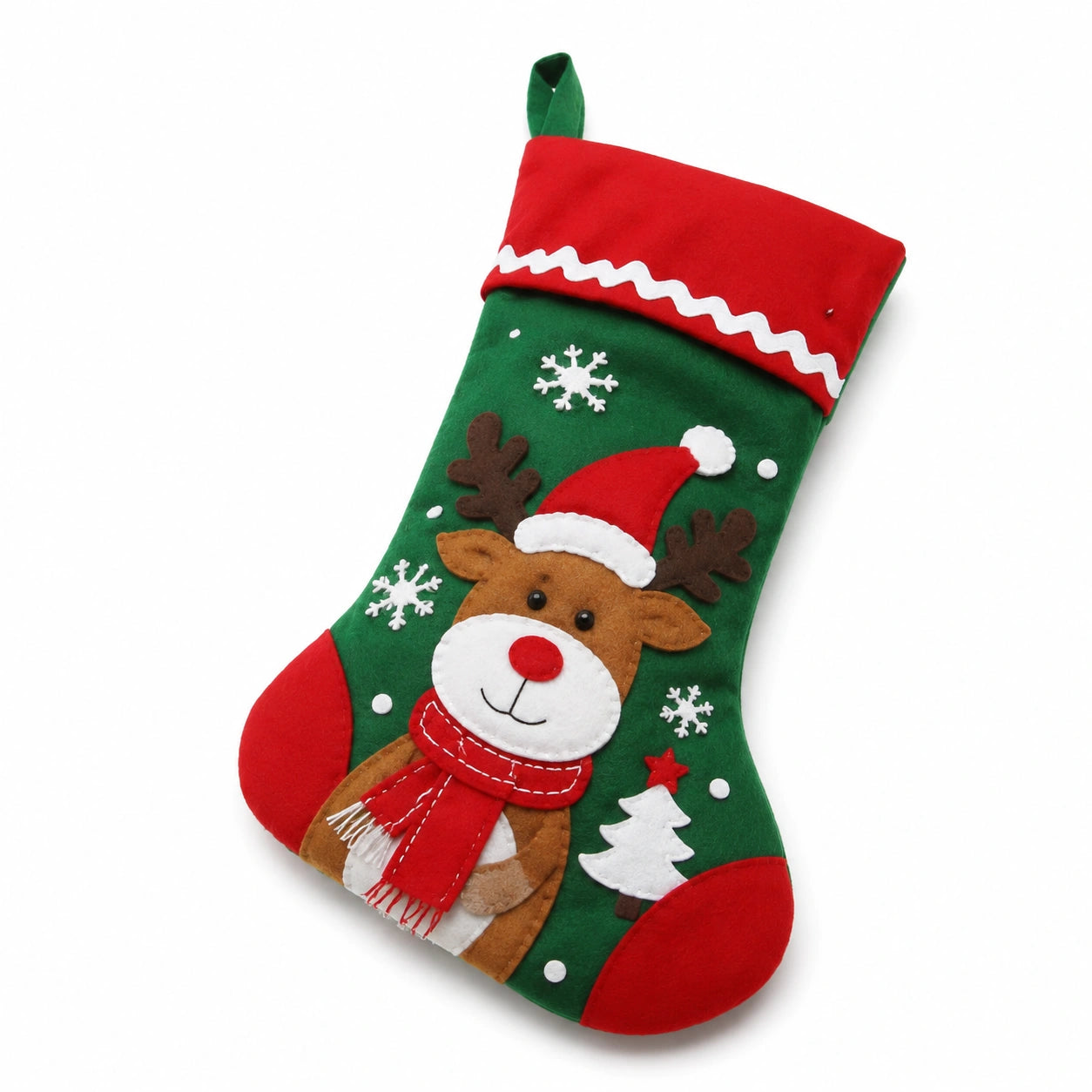 Weihnachtsstrumpf 45 x 28 cm aus Filz Grün Rot mit Rentiermotiv zum Aufhängen