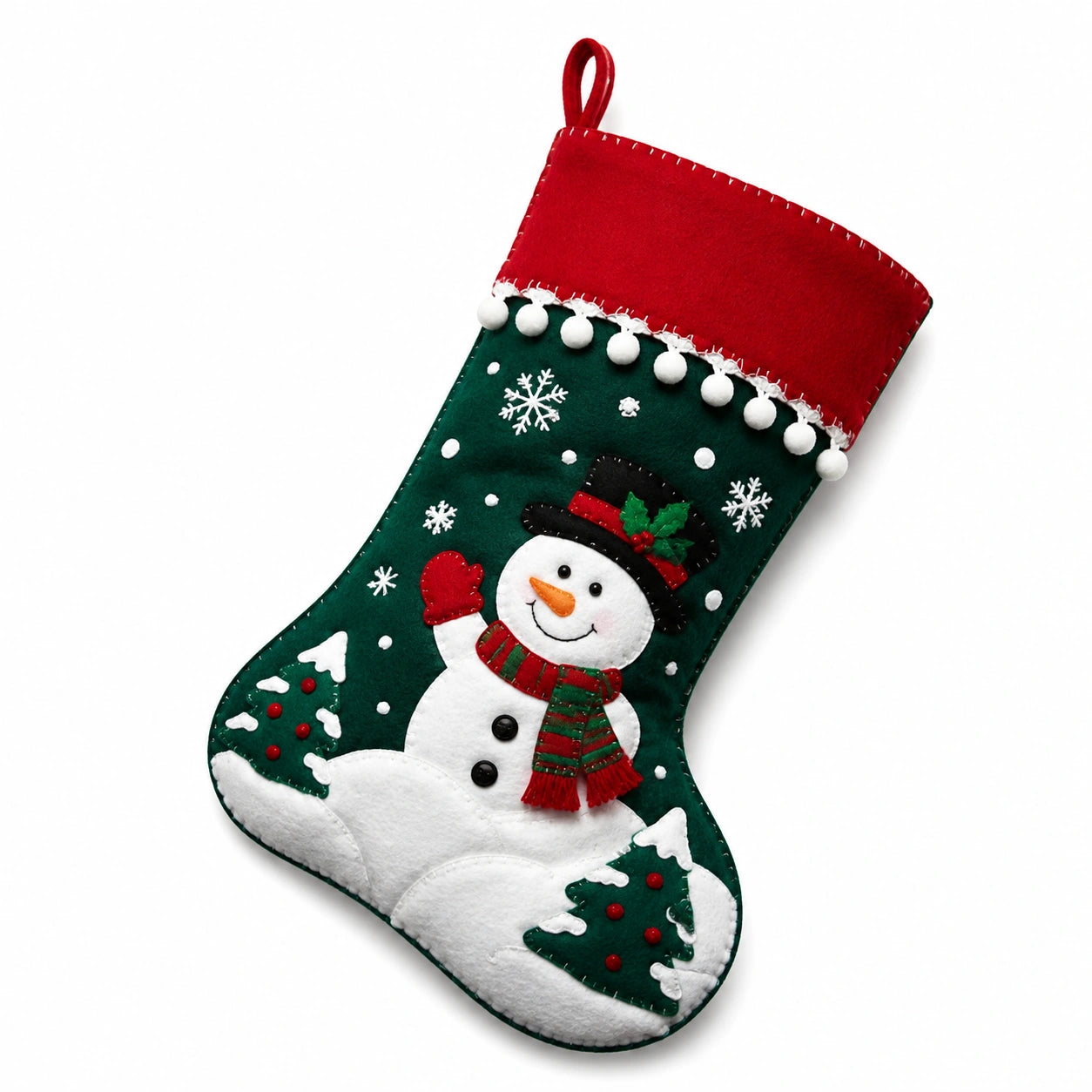 Weihnachtsstrumpf aus Filz Grün Rot Weiß mit Schneemannmotiv und Aufhängeschlaufe