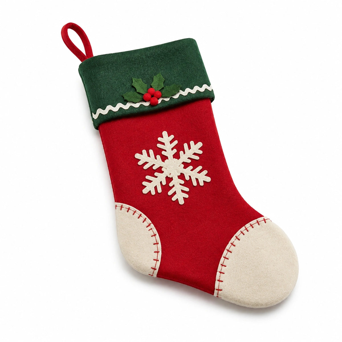 Weihnachtsstrumpf 45 cm aus Filz Rot Grün zum Aufhängen mit Schneeflocke