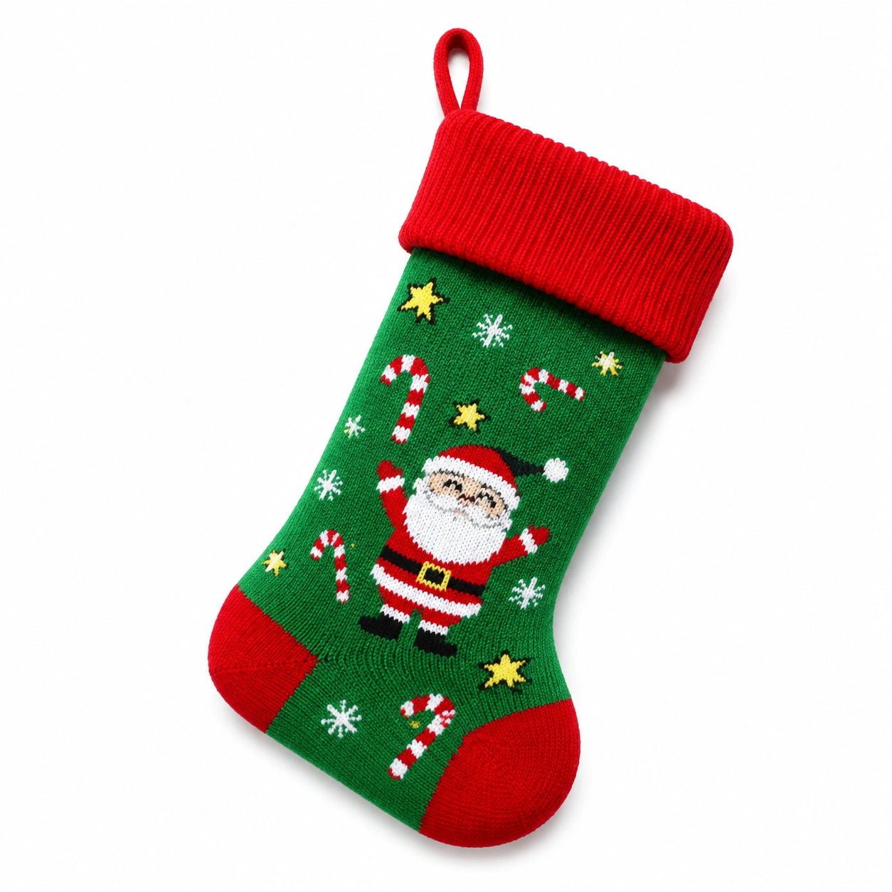Weihnachtsstrumpf 20 cm aus Strickstoff Grün Rot mit Nikolausmotiv zum Aufhängen