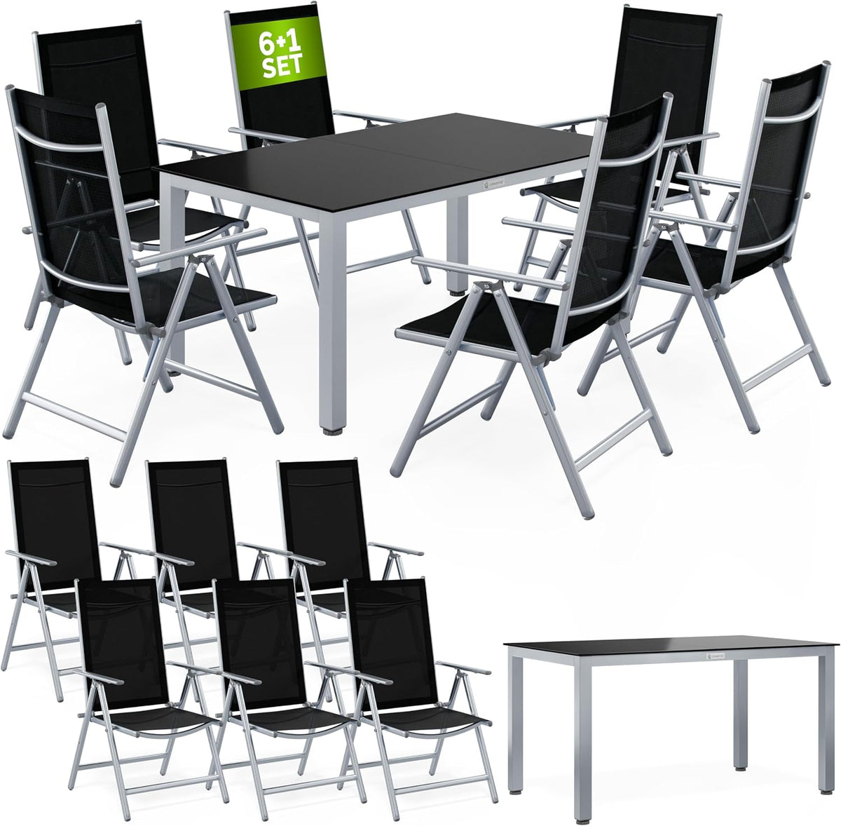 Gartenmöbel-Set Casaria, 150x90 cm, Schwarz/Silber, Gartenmöbel Set 6 Stühle mit Tisch Aluminium