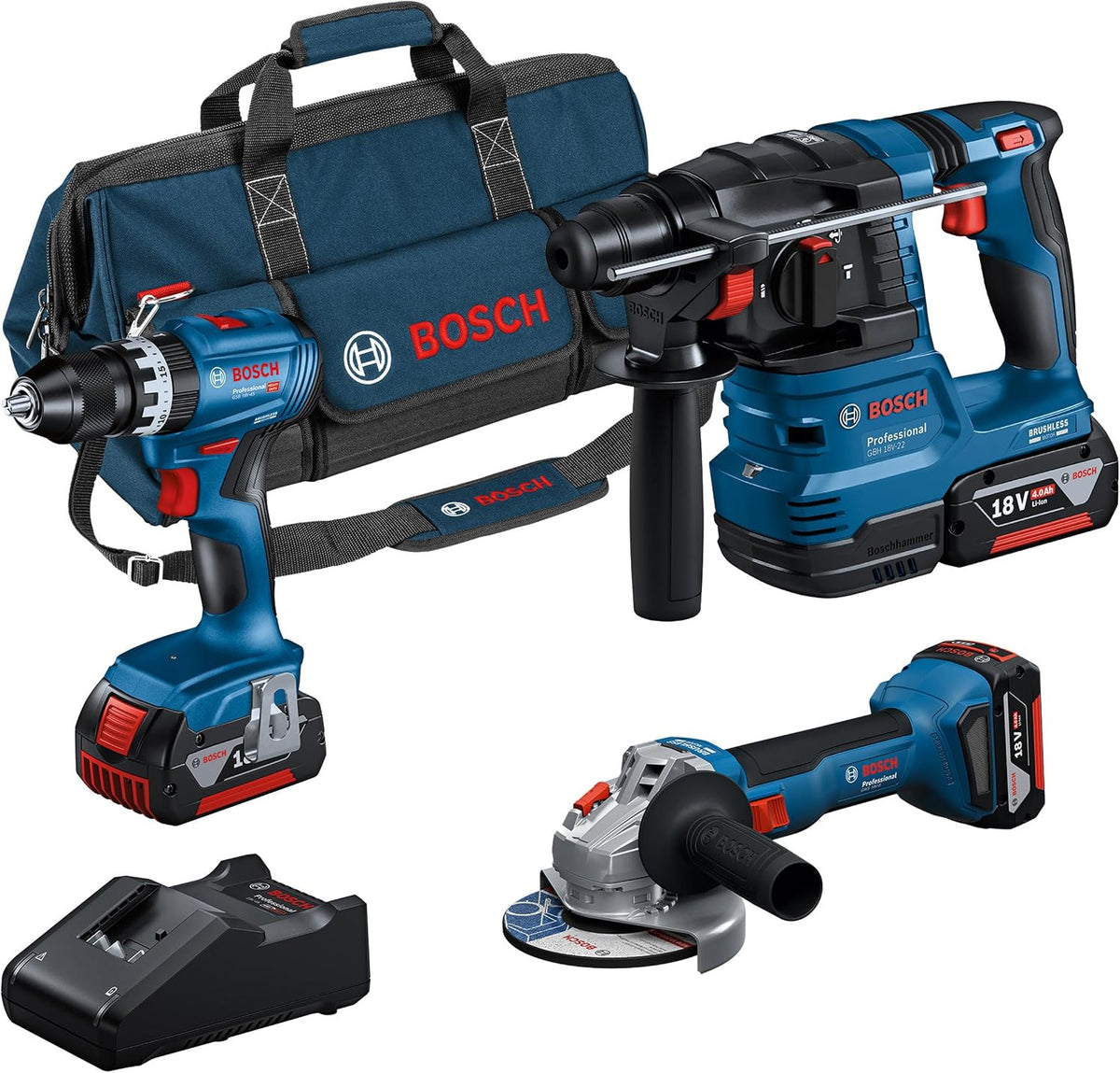 Bosch Elektrowerkzeug, 4.0 Ah, 18 V, Blau/Schwarz, Professional System Akku-Combo Kit: GSB -45 + GBH -22 + GWS, GAL -40