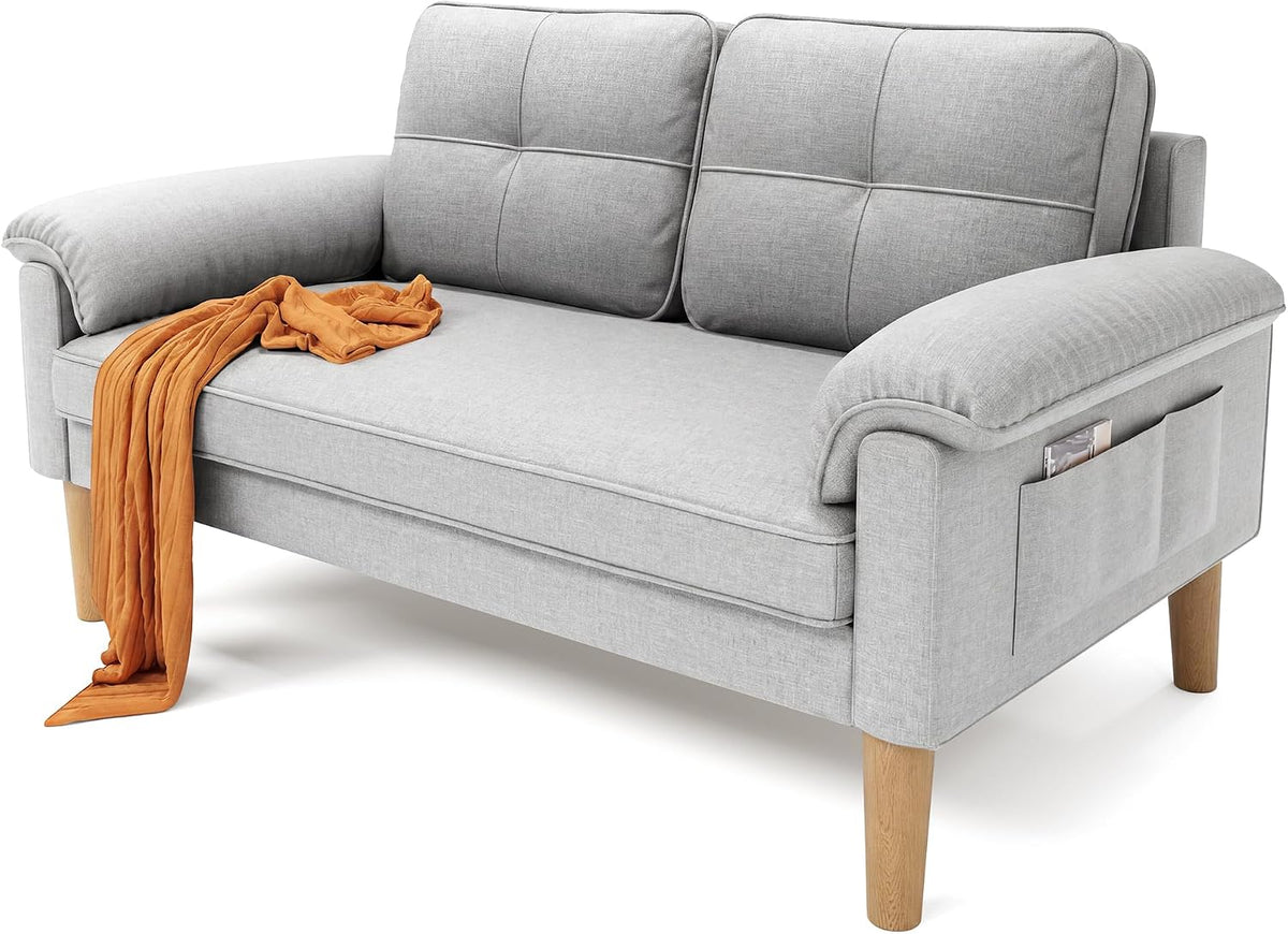 Xbro Sofa, 144 x 77 x 77 cm, Hellgrau, 2 Sitzer, Kleine Couch 2 Sitzer mit Armlehne und Seitentasche, Modernes Stoff für Wohnzimmer