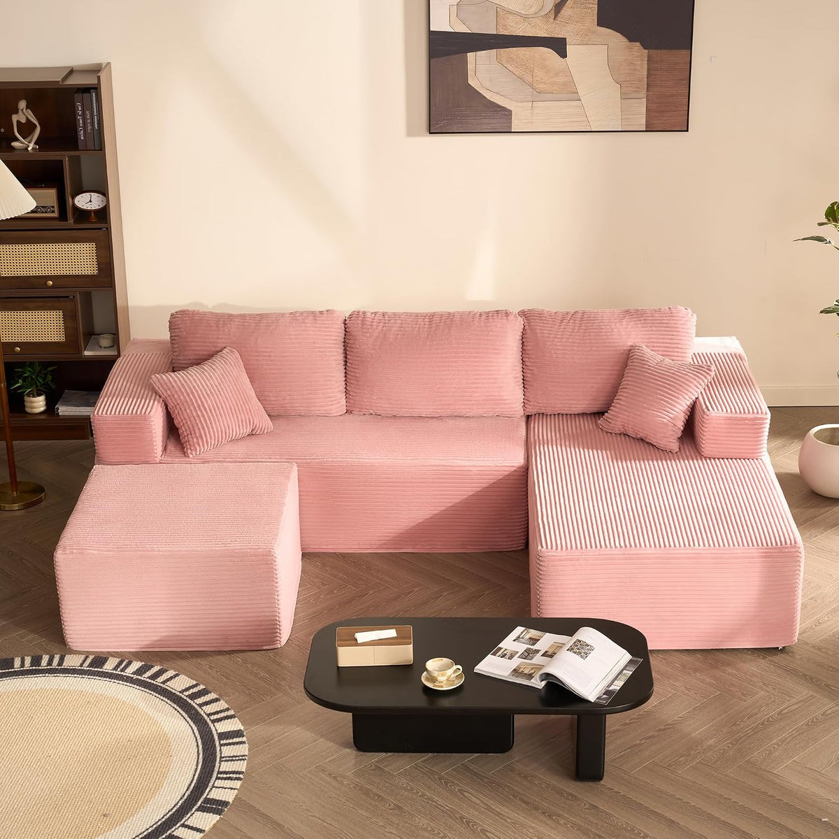 Litbird Sofa, 272 cm, Rosa, U-förmiges modulares Eck mit Schlaffunktion, rahmenloses Oversize Schlaf mit Chaiselongue Links