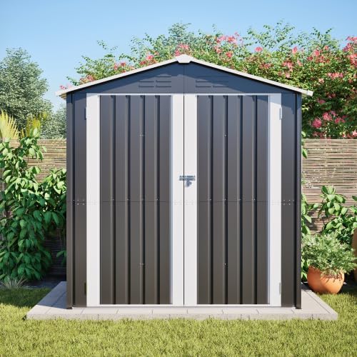vutizal Gerätehaus, 142x185 cm, Grau, Gartenhaus Metall Geräteschuppen mit Fundament & Belüftung, abschließbare Fahrradgarage/Motorradgarage