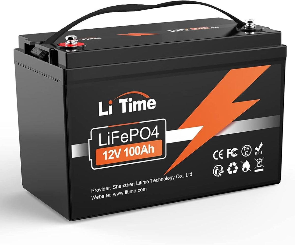 Litime E-Bike, 1280 Wh, 100 Ah, 12 V, Schwarz/Orange, LiFePO4 Lithium Batterie, Lithium Akku mit 100A BMS und Max. 15000 Zyklen
