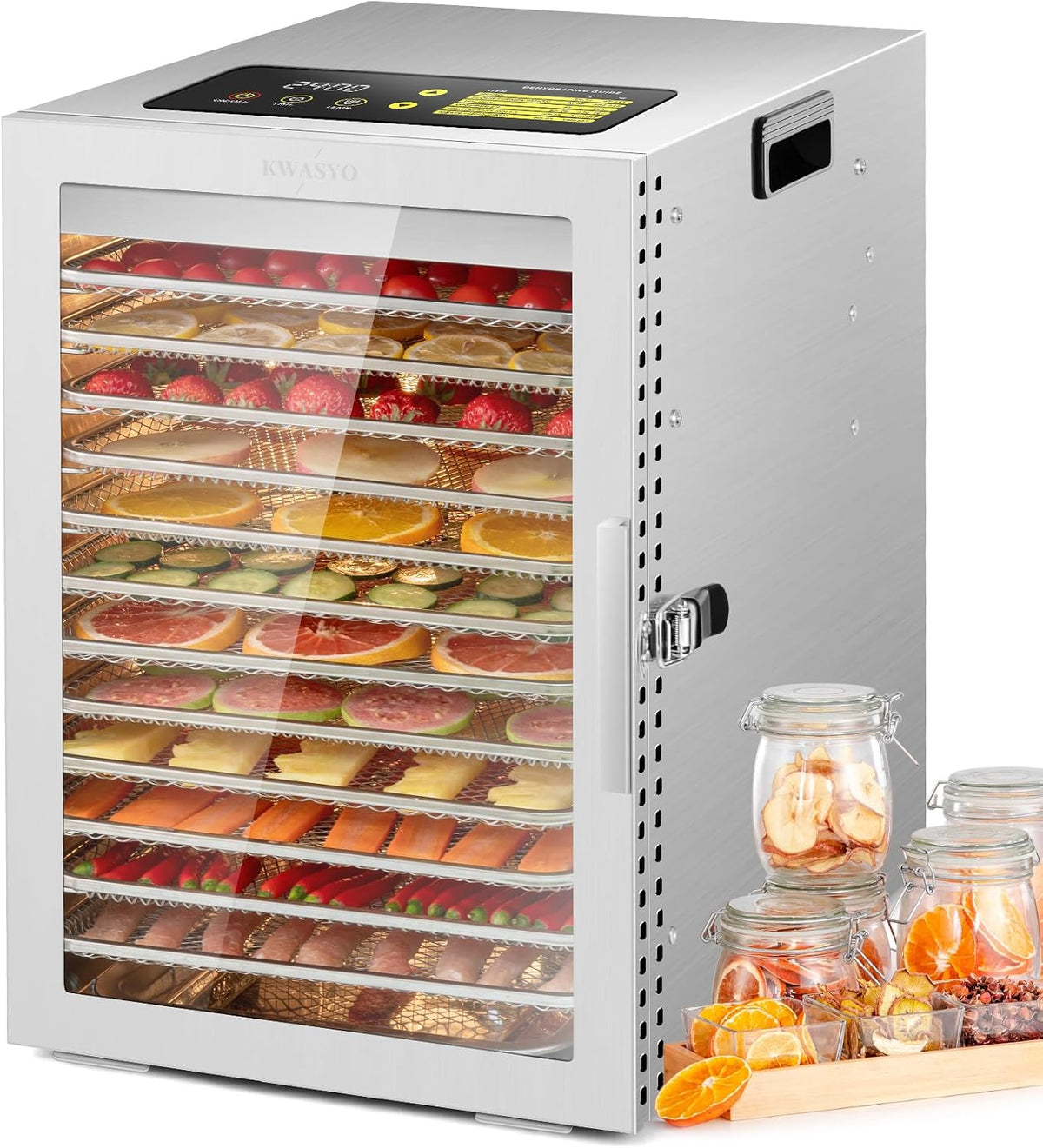 Kwasyo Dörrautomaten, Silber, Dörrautomat Edelstahl, Doppelventilator 360 ° Effizientes Dry, Dörrgerät 12 Etagen