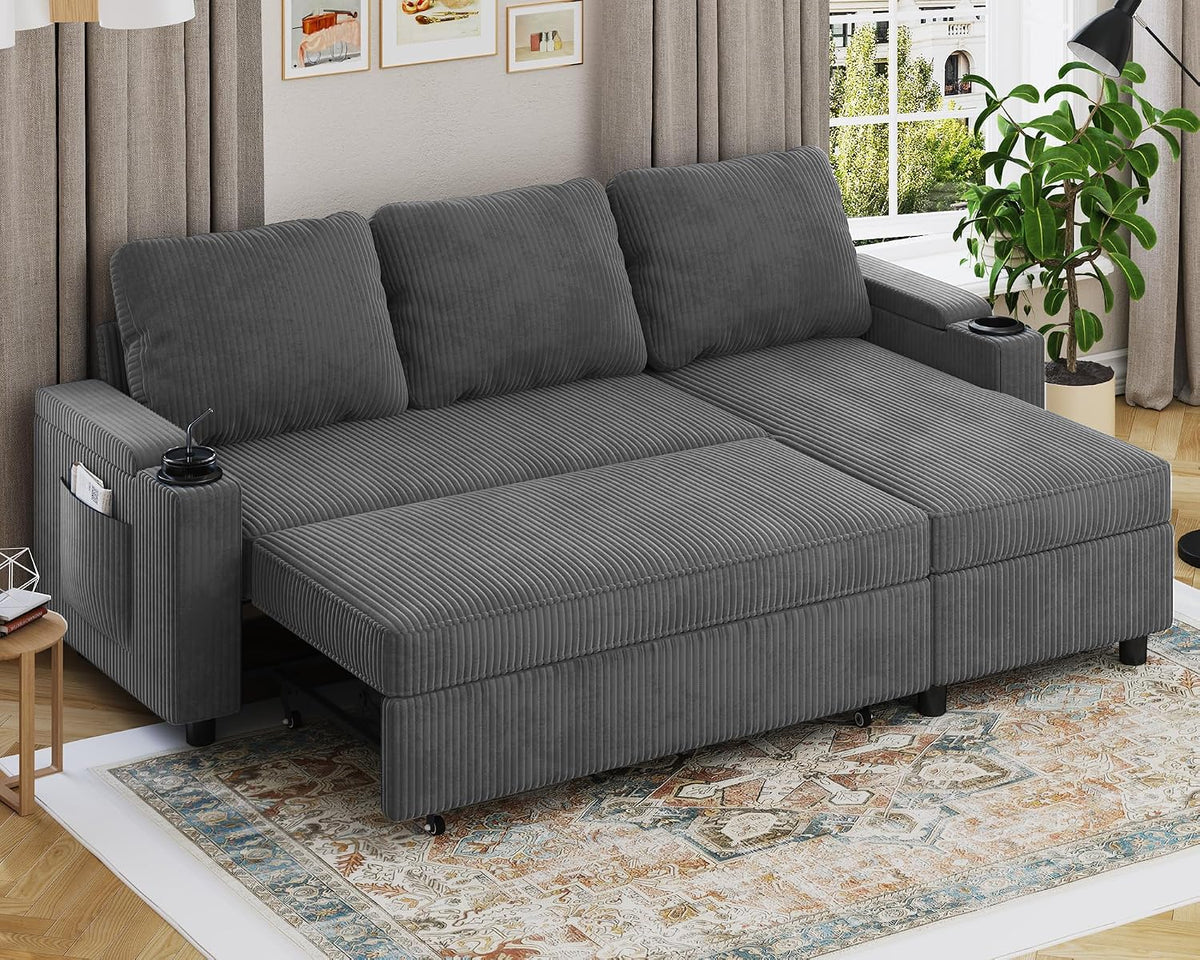Sofa Devoko, Grau, Eck mit Schlaffunktion und Bettkasten L-Form 3-Sitzer