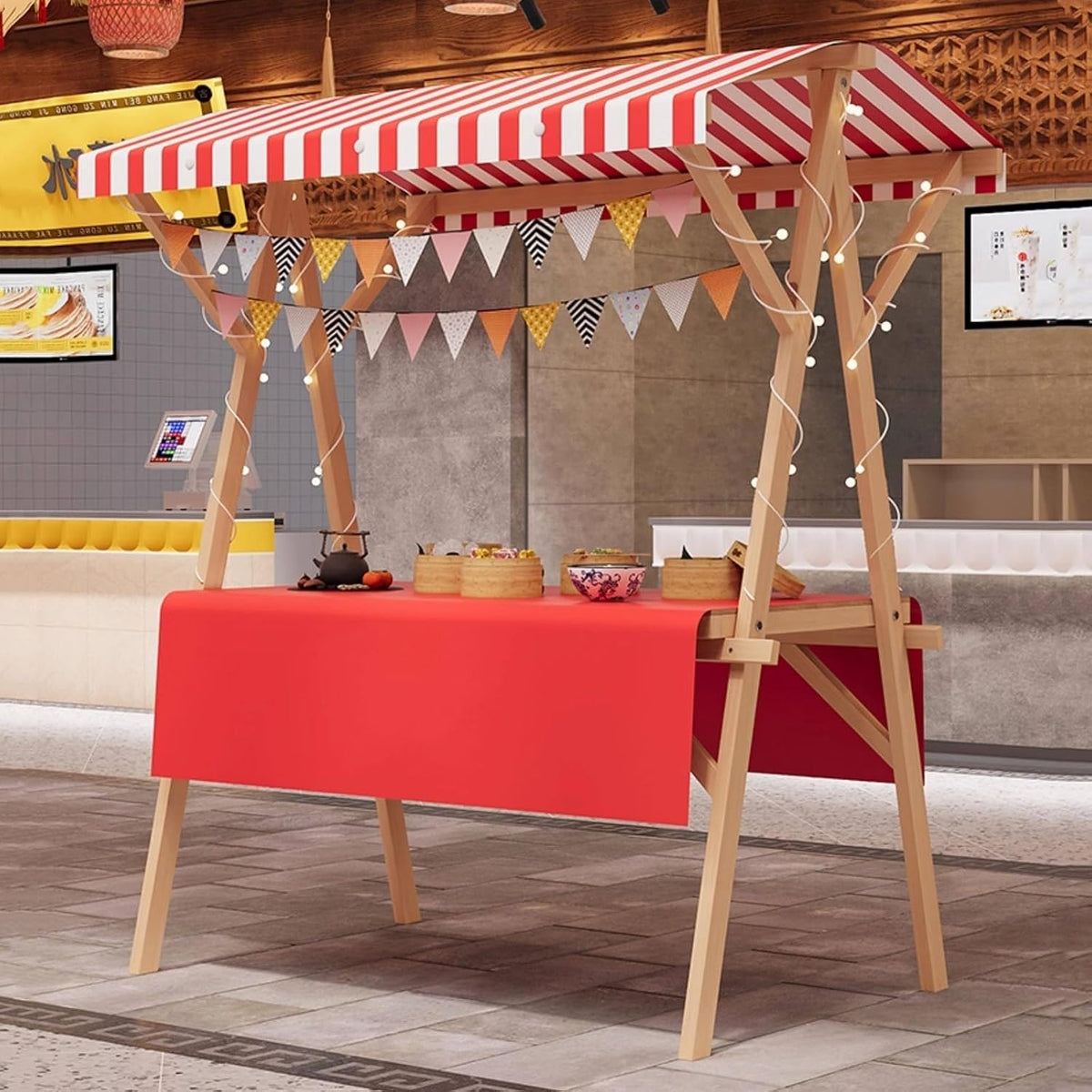 Faltbarer Servierwagen, 150 cm, Rot, Händlerwagen aus Holz mit Baldachin, tragbarer Marktstand für Veranstaltungen im Freien