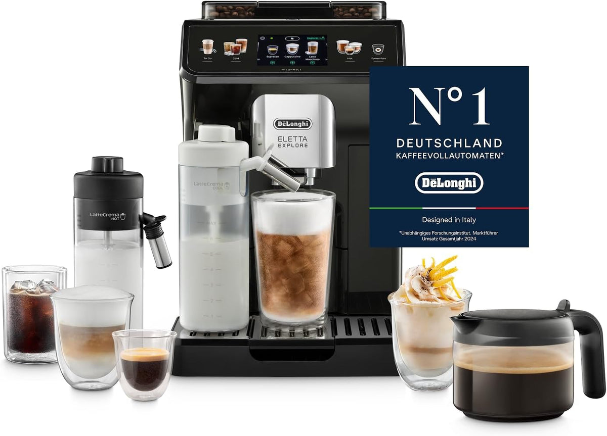 De'Longhi Eletta Explore Perfetto Kaffeevollautomat mit LatteCrema-Milchaufschäumer, Dunkelgrau/Weiß