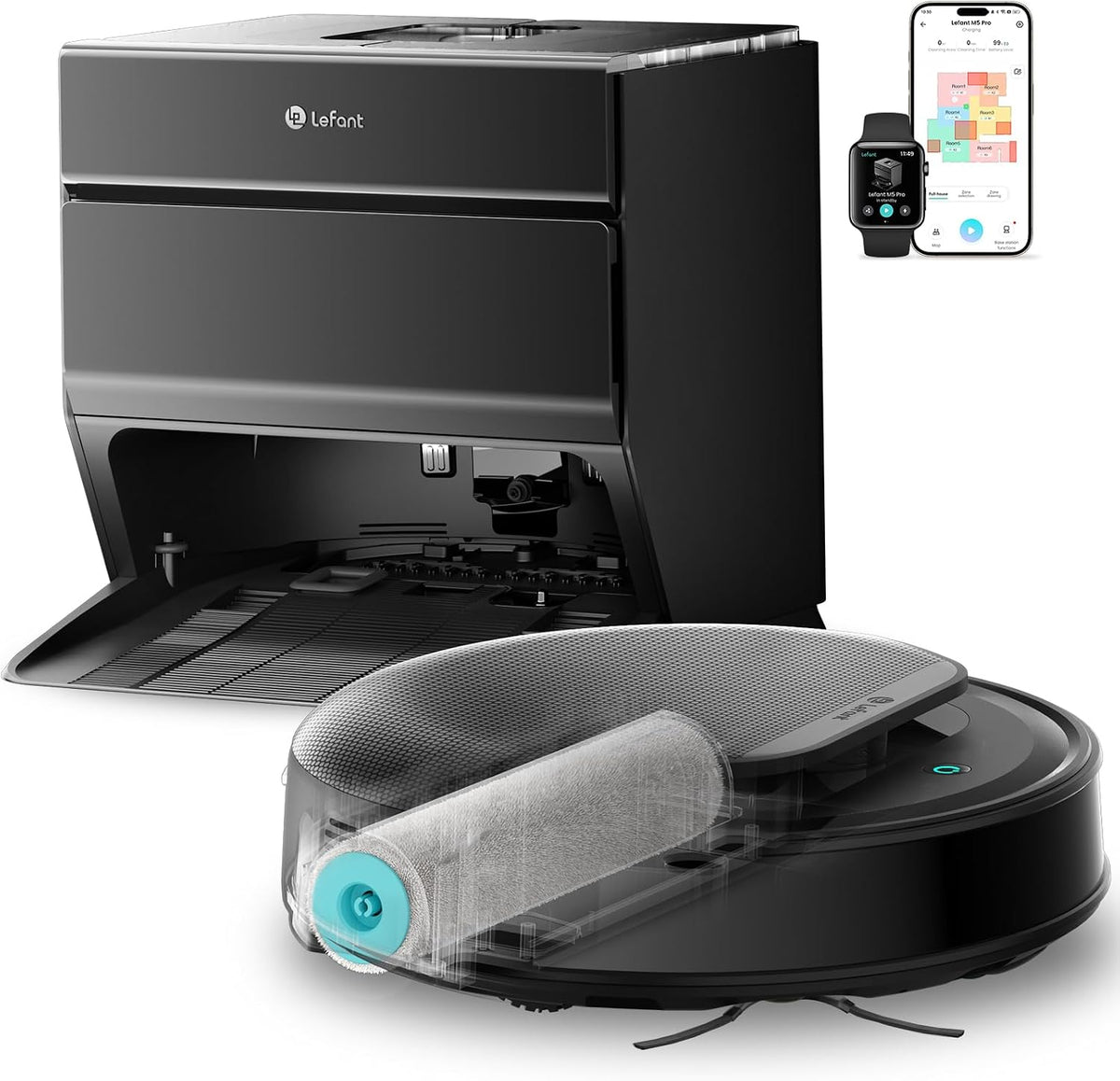LEFANT Saugroboter, Schwarz, M5 Pro Staubsauger Roboter mit 75°C Heißwasserreinigung, All-in-One Station, mit Selbstreinigung Wischfunktion