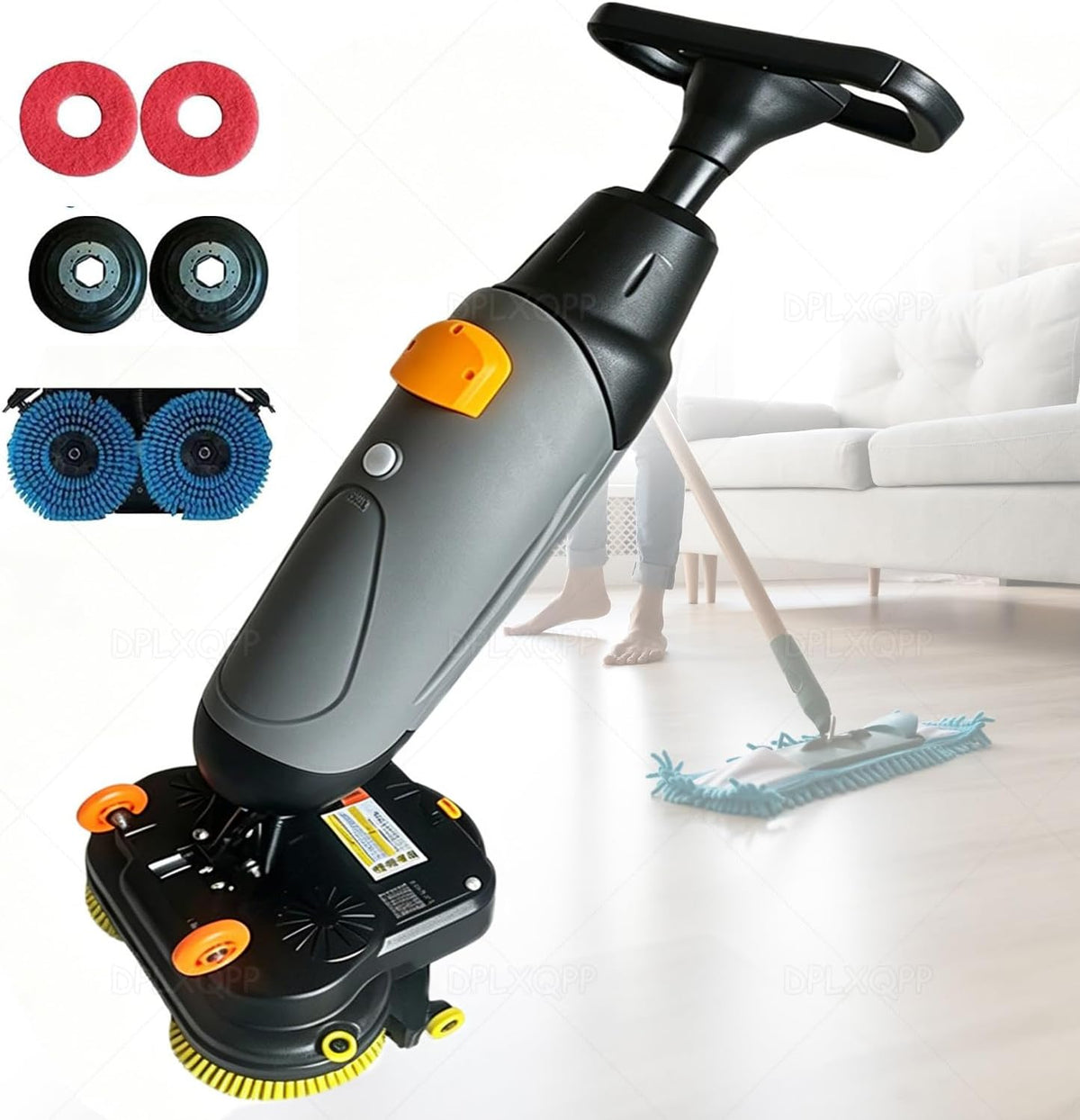 DPLXQPP Nass- & Trockenmopps, 43 cm, 4,5 L, 7,5 L, Grau, Doppelbürsten-Scheuersaugmaschine , Frischwasser-/ Abwassertank