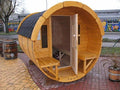 JUNIT Gartensaunas, 1,9 m, 2,5 m, Holz/Natur/Schwarz, GFF19251 Ø, Gartenfass, Fichte mit und ohne Terrasse für 4 Personen