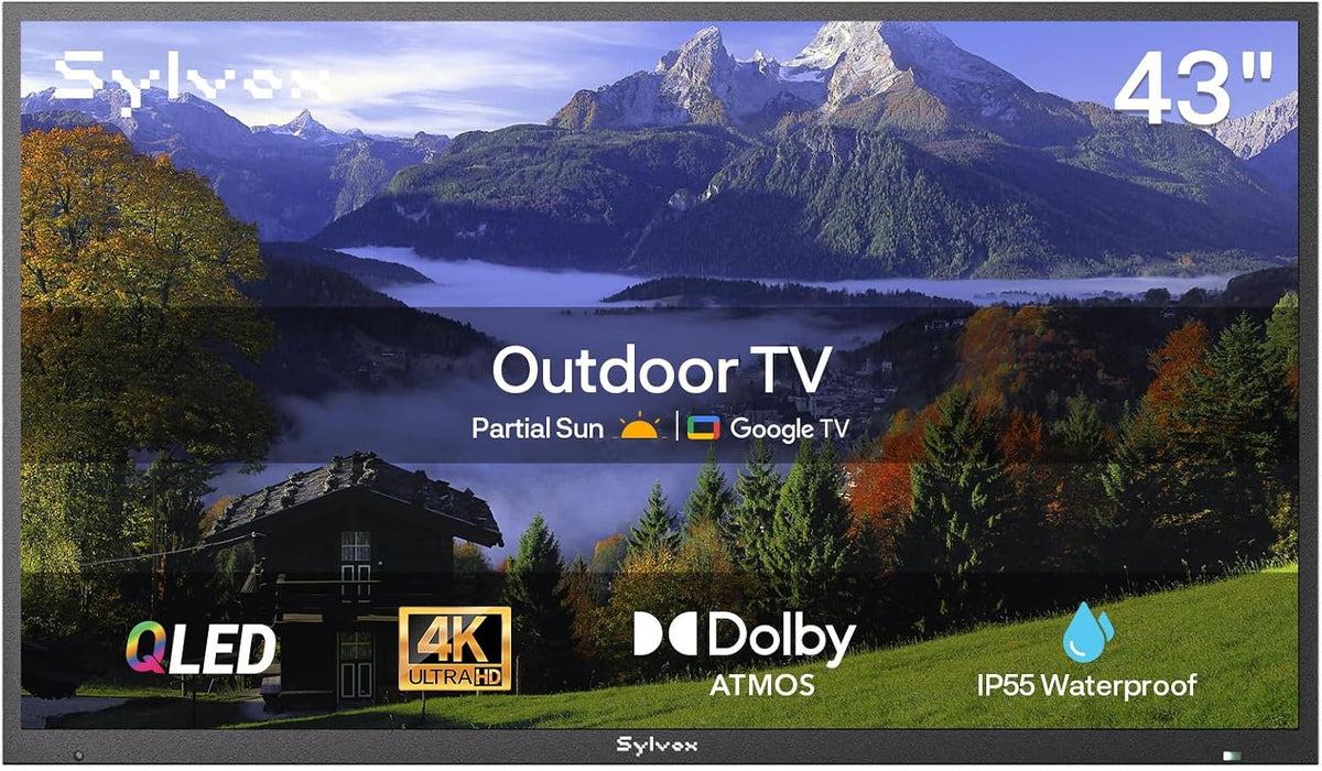 SYLVOX Fernseher, 43 Zoll, Schwarz, Outdoor, Smart QLED TV, Wetterfest Outdoor TV Support Google Assistant, 4K UHD