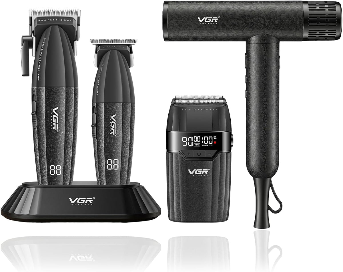 VGR Folienrasierer, Grau, 640 S4 4-in-1 Kabelloses Profi Haarschneider Set Mit, Haartrockner Ladebasis Magnetischen Führungskämmen
