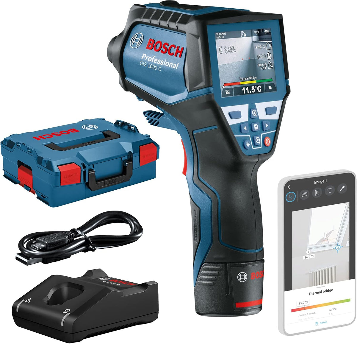 Bosch Professional Lüftungsanlage, 12 V, Blau/Schwarz/Rot, Infrarot-Thermometer GIS 1000 C (1x Akku + Ladegerät
