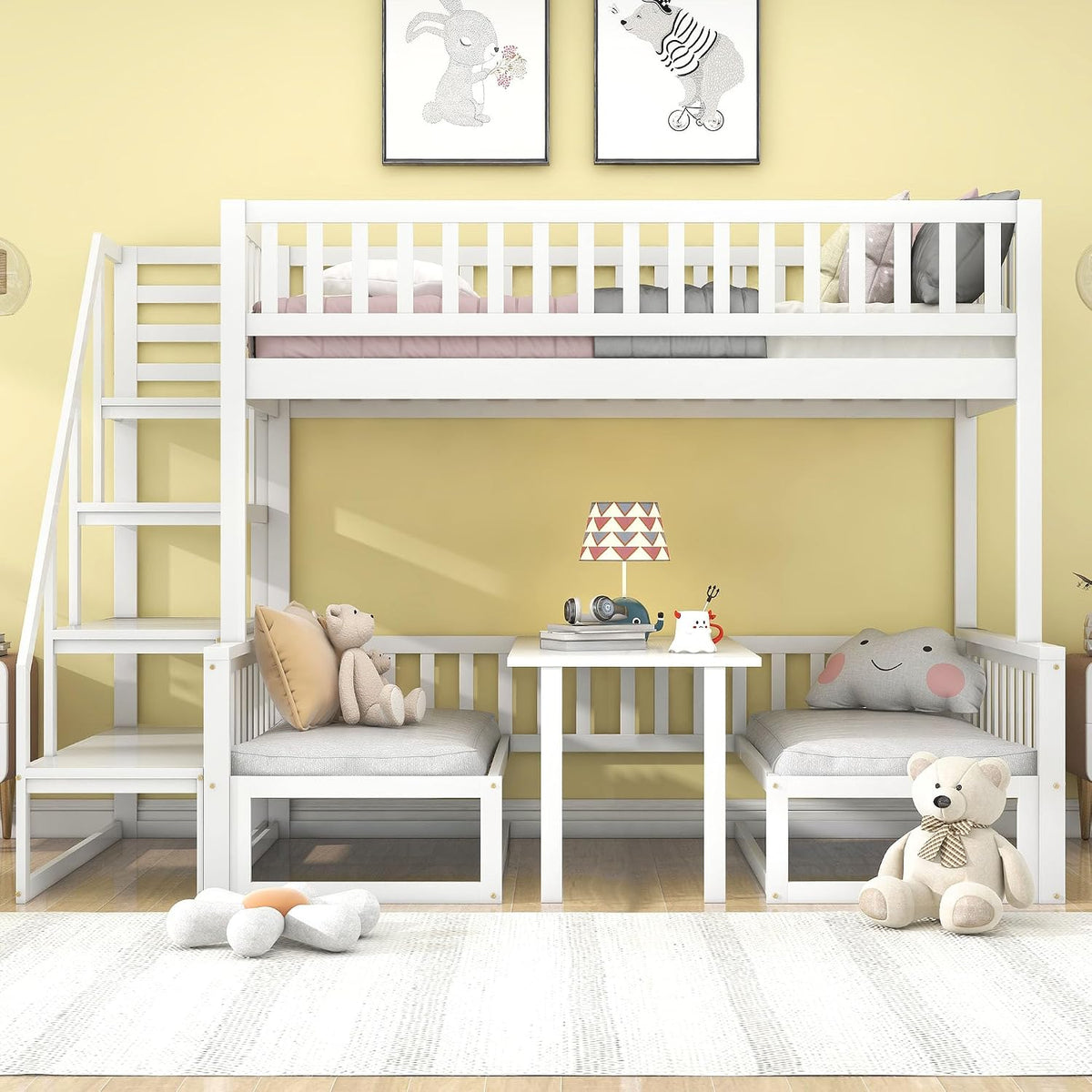 Jovify Bett, 120x200 cm, 90x200 cm, Natur, Platzsparendes Etagen +, Hoch mit Flexibler Tisch und Holzsofa, Kinder en mit Treppe